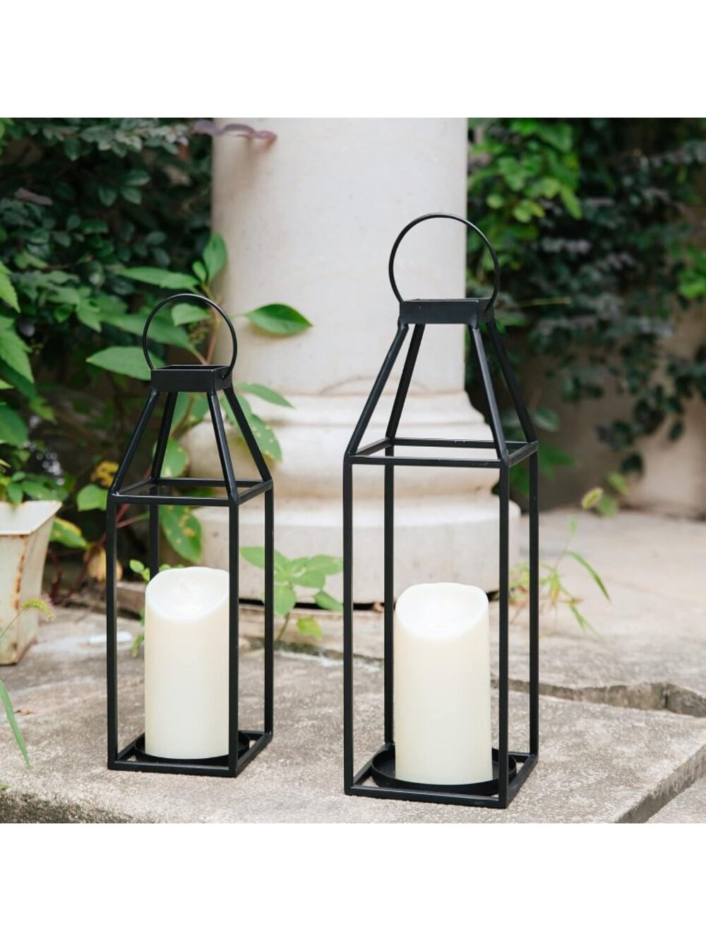 New Set of 2 Black Metal Farmhouse Lanterns with Timer LED Candles 17.4 15 Inch - Picture 4 of 7